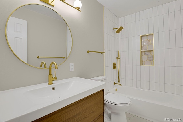 full bathroom with tile patterned flooring, vanity, toilet, and tiled shower / bath