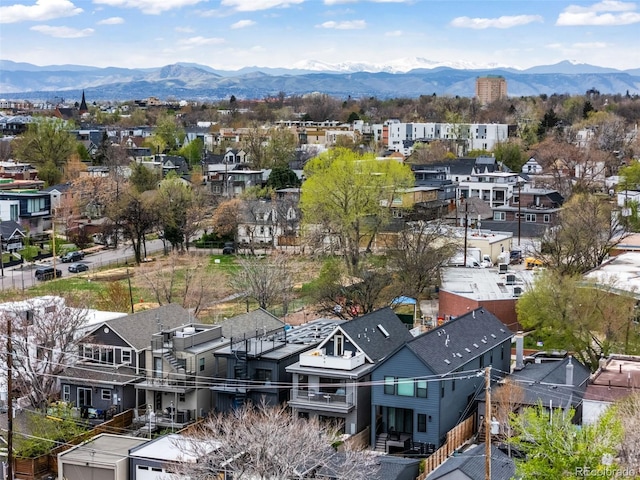 aerial view featuring a mountain view and a residential view