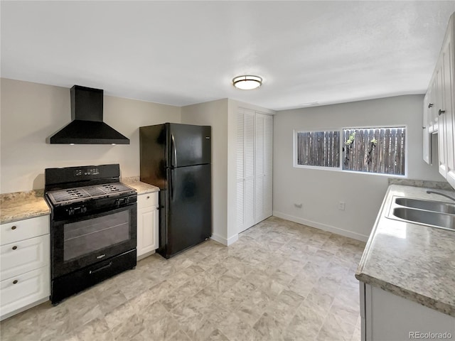 438 S 7th Ave, Brighton, CO 80601 - kitchen with black appliances, wall chimney range hood, light countertops, and white cabinets