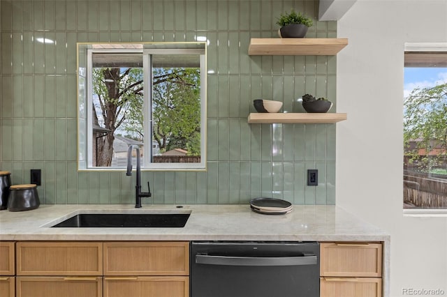 4580 Garland St, Wheat Ridge, CO 80033 - kitchen with dishwasher, tasteful backsplash, open shelves, and a sink
