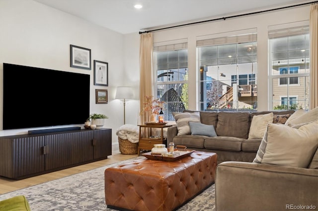 living room with baseboards, a healthy amount of sunlight, and wood finished floors