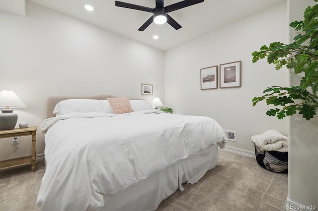 bedroom featuring ceiling fan, carpet floors, recessed lighting, baseboards, and visible vents
