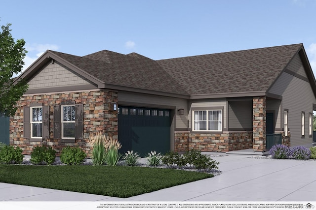 craftsman house with a garage, stone siding, roof with shingles, and concrete driveway
