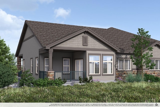 craftsman house featuring stone siding, a porch, and roof with shingles