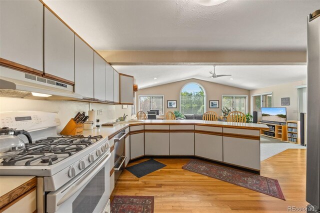 3176 S Alton Ct, Denver, CO 80231 - kitchen featuring white gas range oven, under cabinet range hood, light wood-style floors, vaulted ceiling, and a peninsula