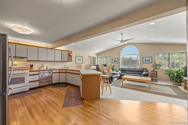 3176 S Alton Ct, Denver, CO 80231 - kitchen featuring stainless steel appliances, a peninsula, vaulted ceiling, light wood finished floors, and open floor plan