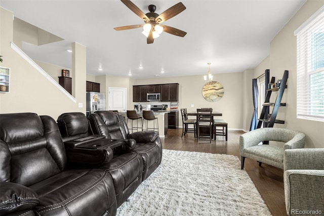 91 S Quantock St, Aurora, CO 80018 - living room featuring dark wood-style flooring, ceiling fan, and recessed lighting