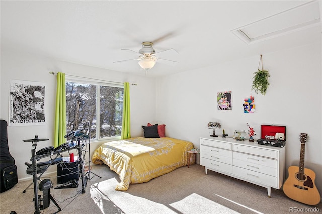 carpeted bedroom with ceiling fan