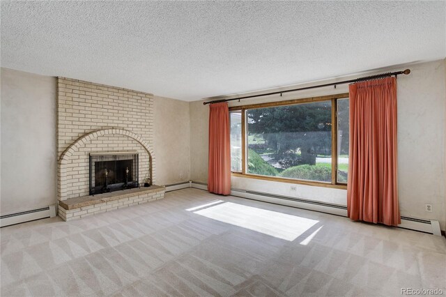 3561 Kalispell St, Aurora, CO 80011 - unfurnished living room with carpet, a textured ceiling, a baseboard radiator, and a brick fireplace