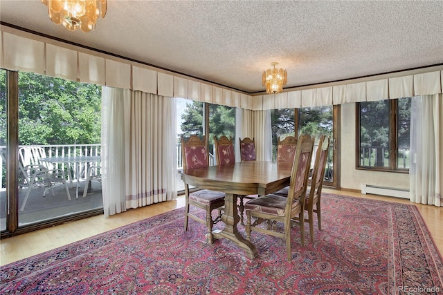 3561 Kalispell St, Aurora, CO 80011 - dining room featuring a chandelier, a textured ceiling, wood finished floors, plenty of natural light, and a baseboard radiator