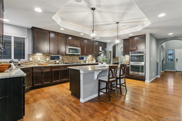 9632 Emerald Vista Dr, Peyton, CO 80831 - kitchen with stainless steel appliances, a tray ceiling, arched walkways, ornamental molding, and light wood finished floors