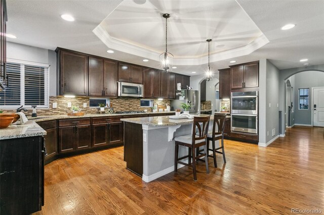 9632 Emerald Vista Dr, Peyton, CO 80831 - kitchen with stainless steel appliances, a tray ceiling, arched walkways, ornamental molding, and light wood finished floors