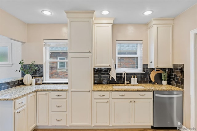 3334 W 37th Ave, Denver, CO 80211 - kitchen with dishwasher, a sink, backsplash, and light stone countertops