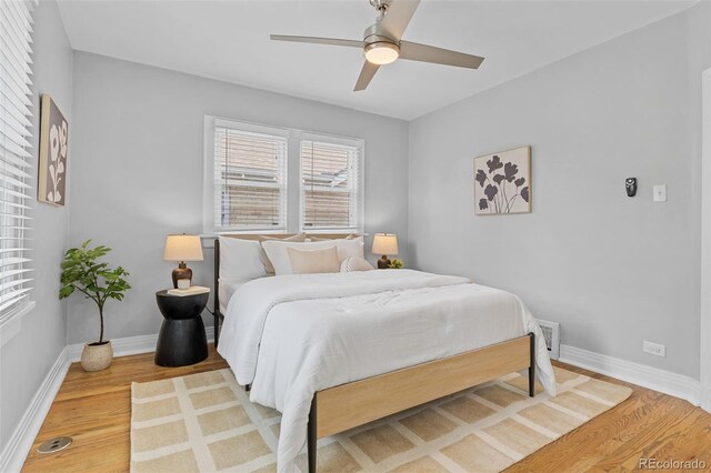 3334 W 37th Ave, Denver, CO 80211 - bedroom with light wood-style flooring, baseboards, and ceiling fan