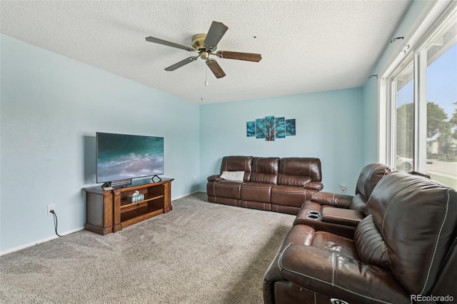 7075 Welch Ct, Arvada, CO 80004 - carpeted living area with ceiling fan, a textured ceiling, and baseboards