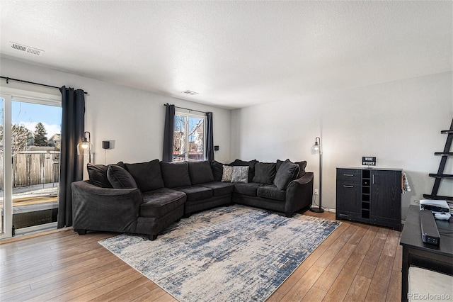 living room with a healthy amount of sunlight, hardwood / wood-style floors, and a textured ceiling