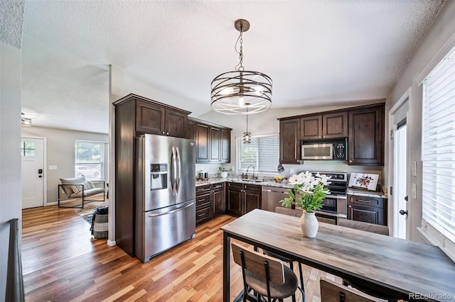 18159 E Crestline Cir, Centennial, CO 80015 - kitchen featuring stainless steel appliances, dark brown cabinets, plenty of natural light, light countertops, and a textured ceiling