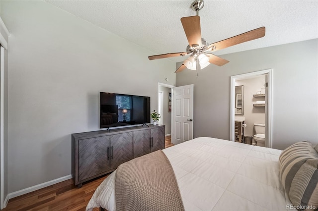18159 E Crestline Cir, Centennial, CO 80015 - bedroom featuring wood finished floors, a textured ceiling, a ceiling fan, and ensuite bath