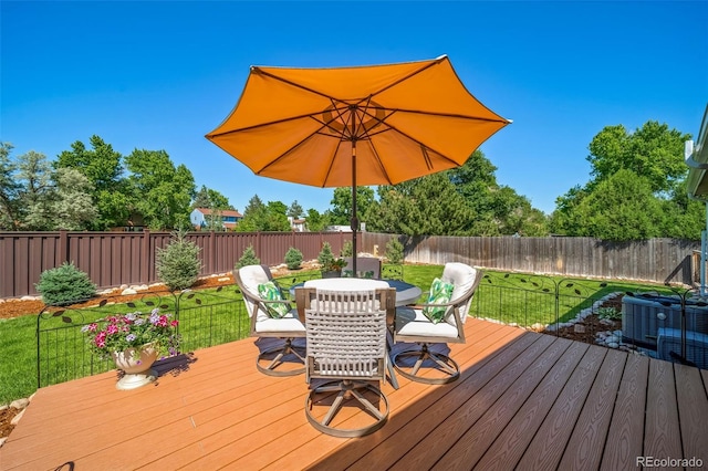 18159 E Crestline Cir, Centennial, CO 80015 - wooden terrace featuring a fenced backyard and outdoor dining area