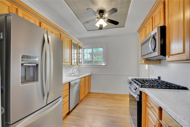 kitchen with a sink, a raised ceiling, light countertops, light wood finished floors, and stainless steel appliances