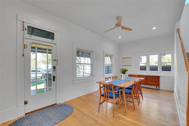dining area featuring recessed lighting, baseboards, ceiling fan, and light wood finished floors