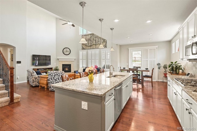 kitchen featuring a sink, ceiling fan, appliances with stainless steel finishes, and dark wood finished floors