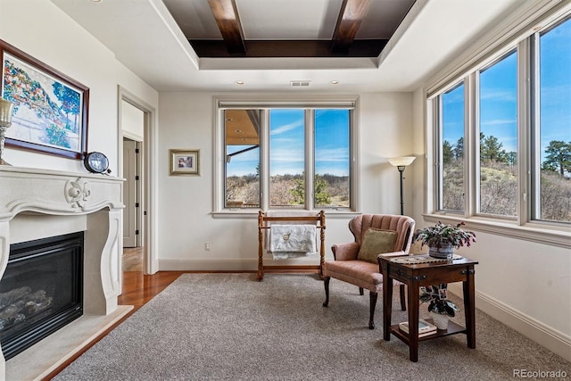 sitting room with a tray ceiling, a glass covered fireplace, carpet, and baseboards