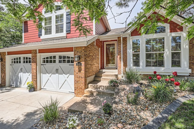 7445 Shoreham Pl, Castle Pines, CO 80108 - view of front facade featuring brick siding, concrete driveway, an attached garage, and a shingled roof