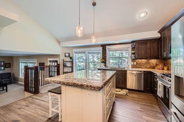 7445 Shoreham Pl, Castle Pines, CO 80108 - kitchen with stainless steel appliances, dark brown cabinetry, wood-type flooring, light stone counters, and recessed lighting