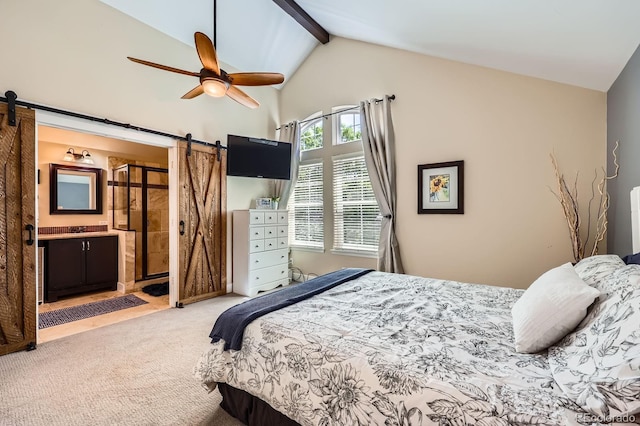 7445 Shoreham Pl, Castle Pines, CO 80108 - carpeted bedroom featuring a barn door, ensuite bath, and a ceiling fan