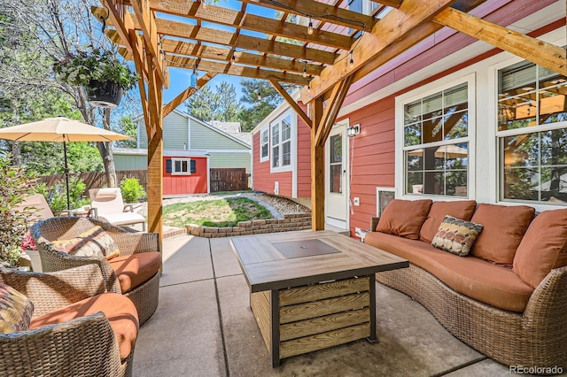 7445 Shoreham Pl, Castle Pines, CO 80108 - fenced backyard with an outdoor hangout area, a storage shed, a patio, and a pergola