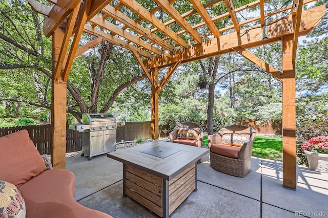 7445 Shoreham Pl, Castle Pines, CO 80108 - fenced backyard featuring grilling area, an outdoor hangout area, a patio area, and a pergola