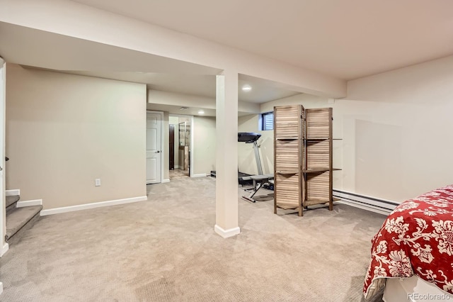 7445 Shoreham Pl, Castle Pines, CO 80108 - basement with a baseboard heating unit, light colored carpet, stairway, and recessed lighting