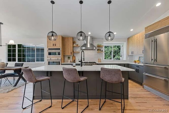 9561 Silver Hill Cir, Lone Tree, CO 80124 - kitchen with appliances with stainless steel finishes, wall chimney exhaust hood, light countertops, backsplash, and recessed lighting