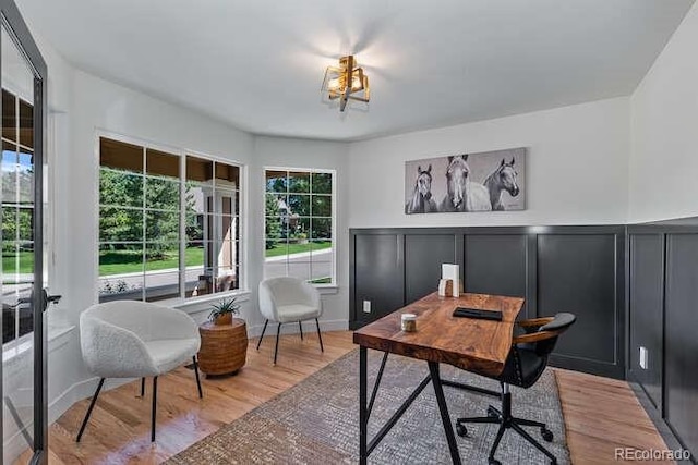 9561 Silver Hill Cir, Lone Tree, CO 80124 - home office featuring light wood finished floors, a decorative wall, and wainscoting