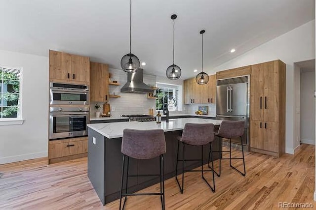 9561 Silver Hill Cir, Lone Tree, CO 80124 - kitchen with appliances with stainless steel finishes, wall chimney range hood, backsplash, healthy amount of natural light, and lofted ceiling