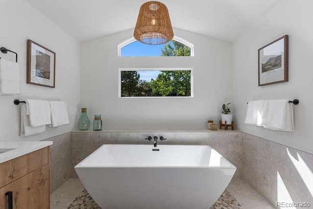 9561 Silver Hill Cir, Lone Tree, CO 80124 - bathroom featuring lofted ceiling, a freestanding bath, vanity, and a wainscoted wall