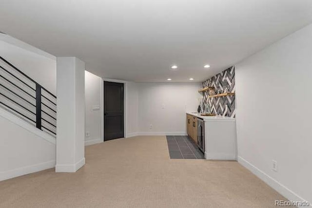 9561 Silver Hill Cir, Lone Tree, CO 80124 - bar area featuring light colored carpet, recessed lighting, and stairs