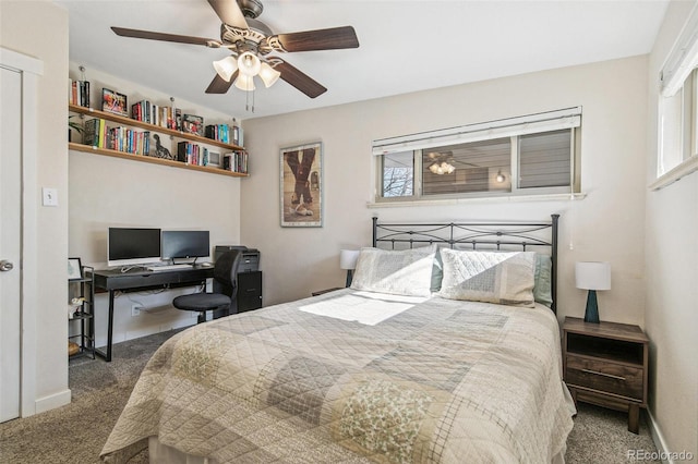 bedroom with multiple windows, carpet floors, and ceiling fan