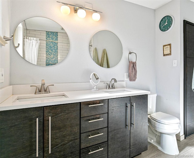 bathroom with a shower with curtain, vanity, and toilet