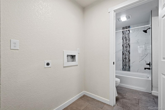 bathroom featuring toilet and shower / bathtub combination with curtain