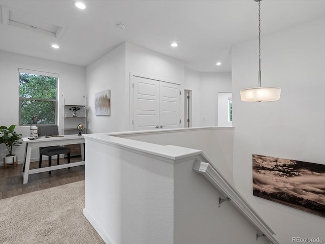 11719 W 45th Pl, Wheat Ridge, CO 80033 - corridor with an upstairs landing, recessed lighting, carpet, an office area, and wood finished floors