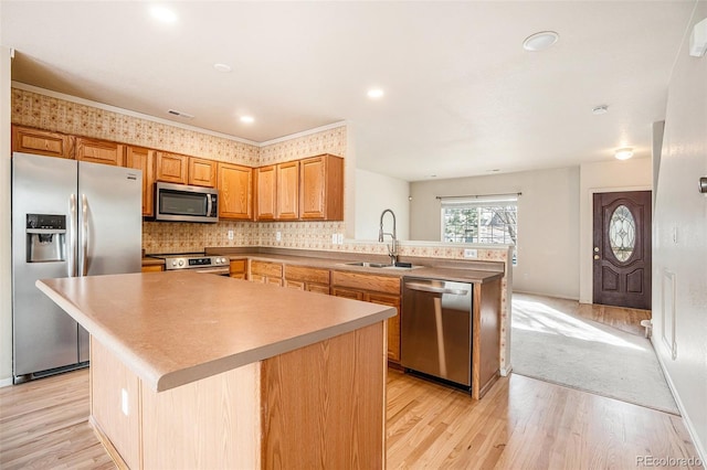 kitchen with light wood finished floors, tasteful backsplash, appliances with stainless steel finishes, and a sink