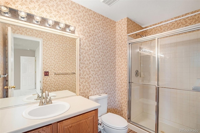 full bath with wallpapered walls, visible vents, and a stall shower