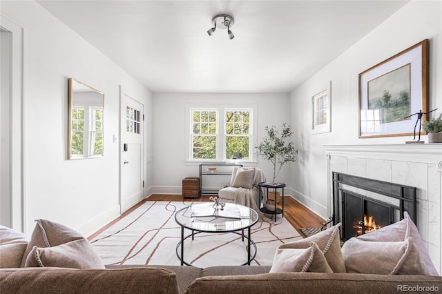 1260 S Emerson St, Denver, CO 80210 - living area with a tile fireplace, baseboards, and light wood-type flooring