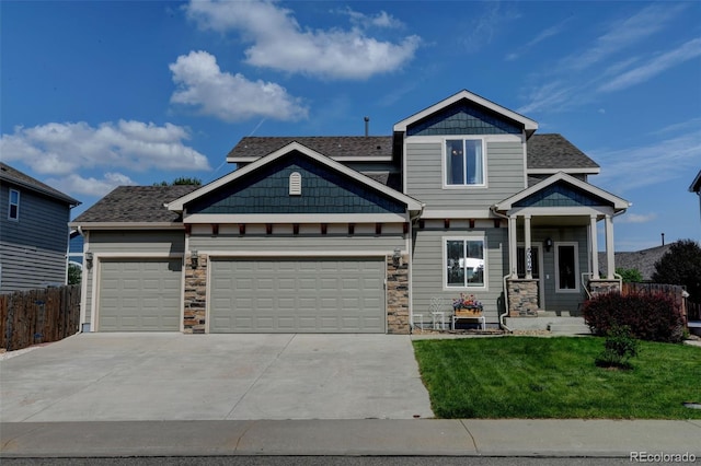 9046 Sandpiper Dr, Frederick, CO 80504 - craftsman-style home with an attached garage, concrete driveway, and stone siding
