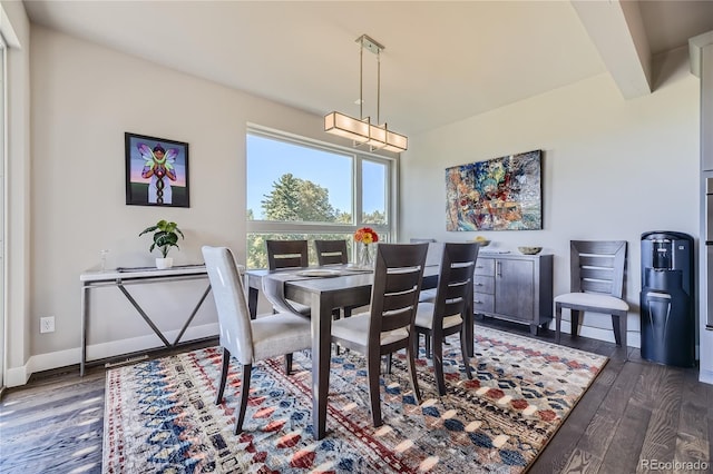 dining area with beam ceiling and dark wood-type flooring