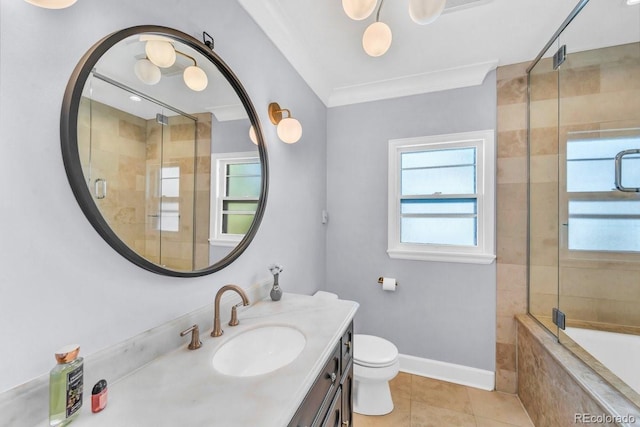 1300 Cherry St, Denver, CO 80220 - full bath with vanity, tile patterned flooring, toilet, crown molding, and baseboards