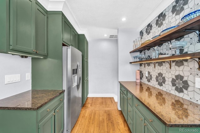 1300 Cherry St, Denver, CO 80220 - kitchen with stainless steel fridge with ice dispenser, green cabinetry, light wood-style flooring, open shelves, and recessed lighting