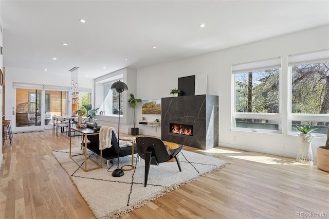 1801 W 33rd Ave, Denver, CO 80211 - living area featuring wood finished floors, a high end fireplace, and recessed lighting